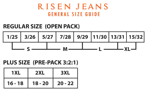 Size guide for RISEN JEANS.