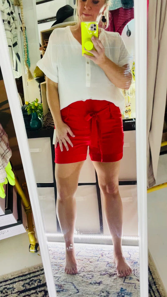 RED FRONT TIE SHORTS