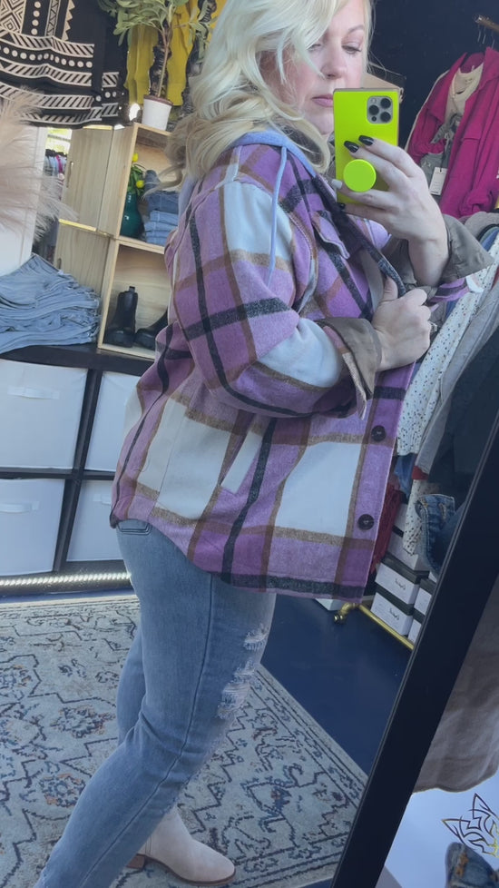 PLAID HOODED SHACKET - PINK