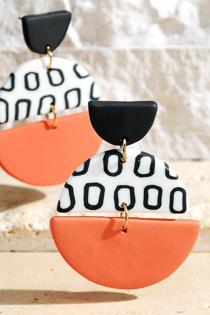 Stylish handmade retro polymer clay color block fan dangle drop earrings