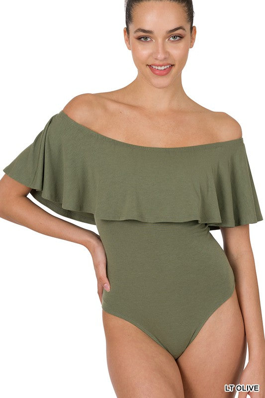 RUFFLE OFF SHOULDER BODYSUIT - LIGHT OLIVE