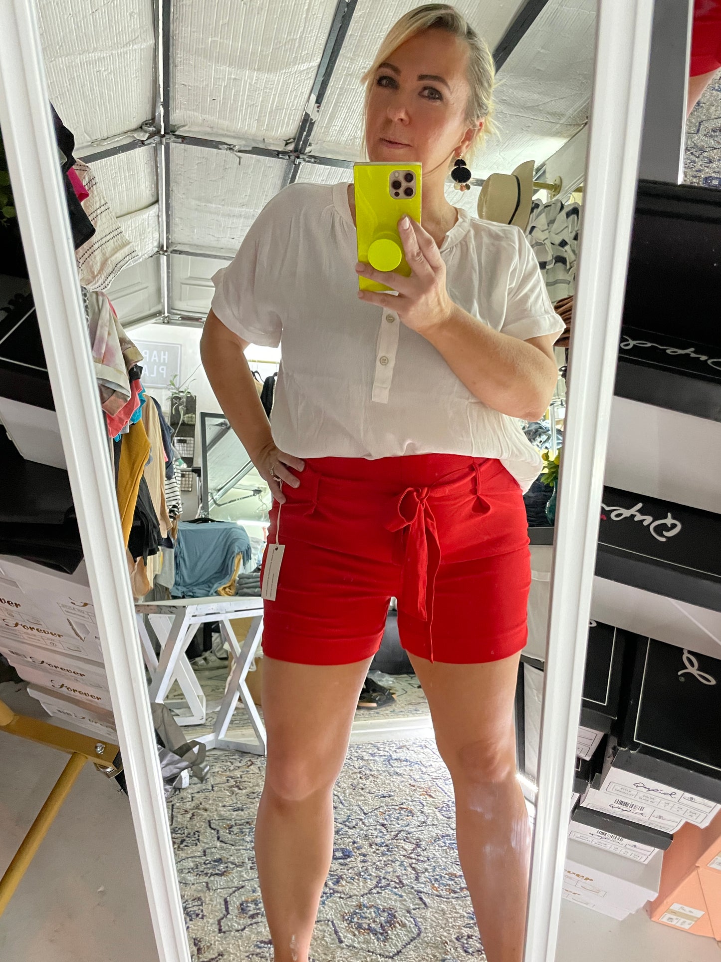 RED FRONT TIE SHORTS